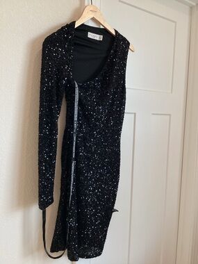 CLUB L London One-Sleeve One-Shoulder Black Sequin Dress NEW Size 2
